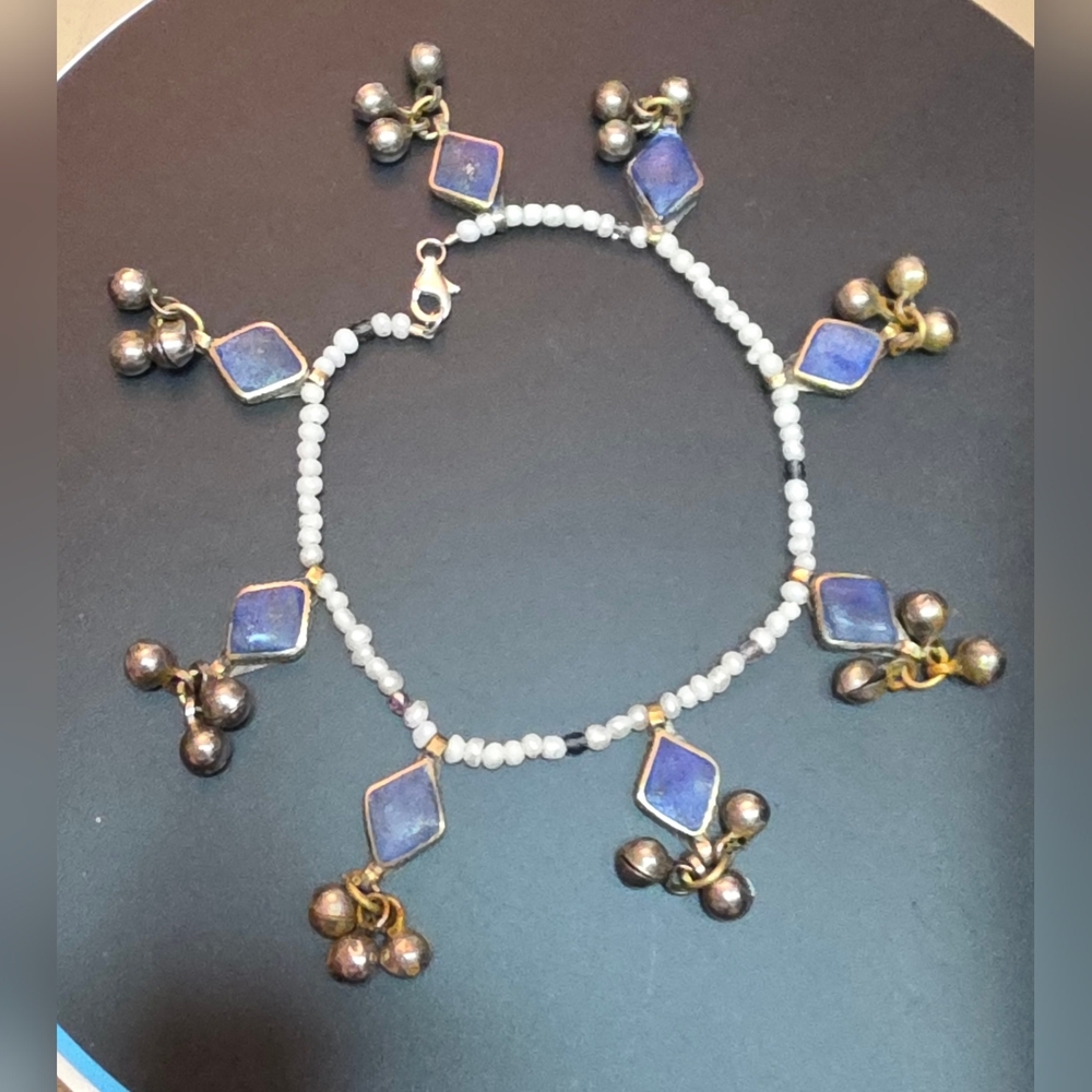 BLUE LAPIS STERLING 925 GENUINE SEED PEARL ANKLET 10 INCHES